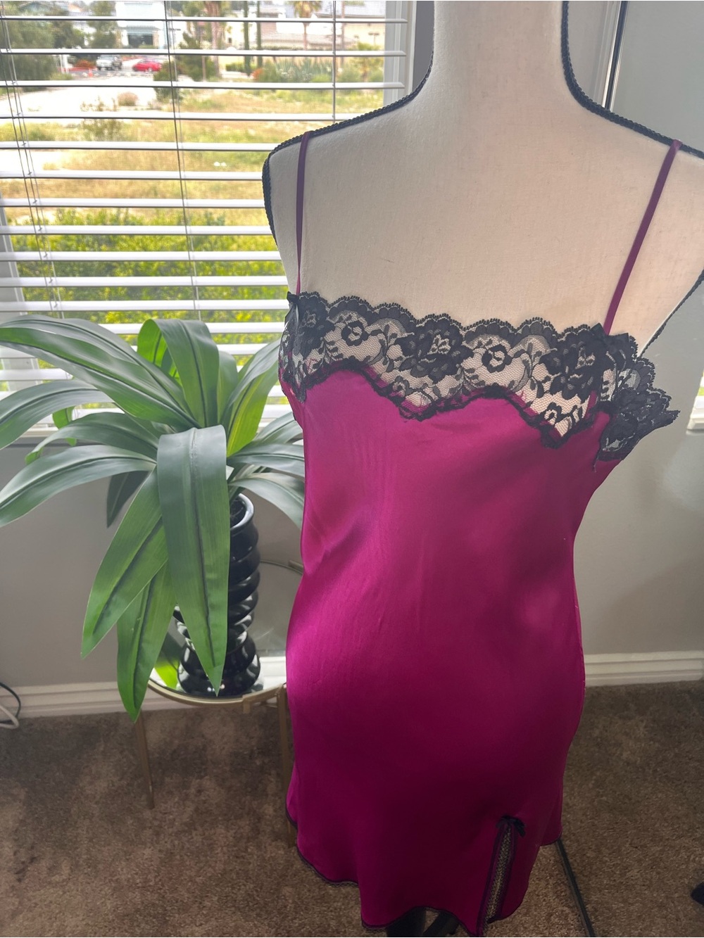 Victoria’s Secret Satin Lace-Trim Slip Dress Magenta Black Lace Size Medium